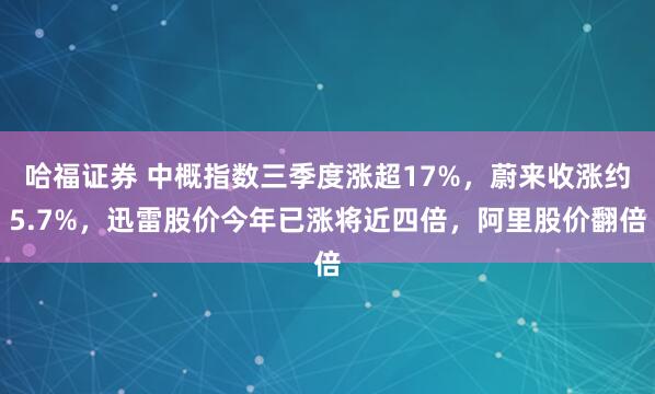 哈福证券 中概指数三季度涨超17%，蔚来收涨约5.7%，迅雷股价今年已涨将近四倍，阿里股价翻倍